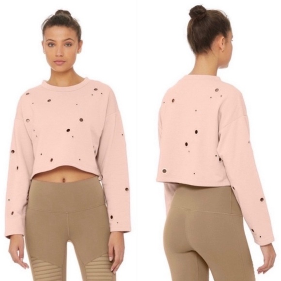 ALO Yoga Pink Cadence Grommet Cropped Pullover Crewneck Sweatshirt - Picture 1 of 16